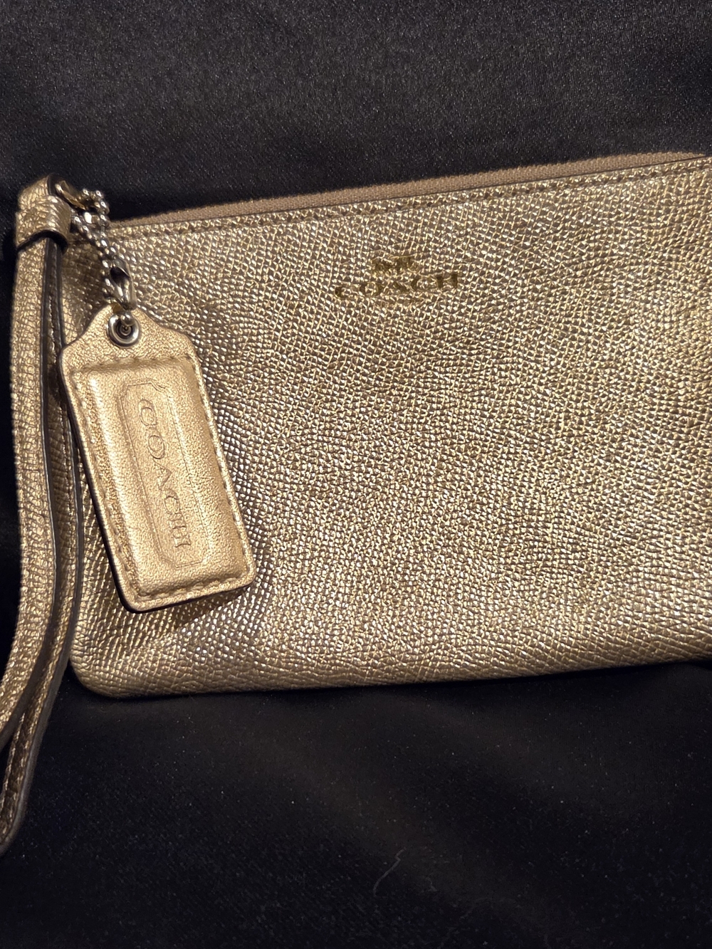 Coach Metallic Gold Leather Logo Tag Wristlet